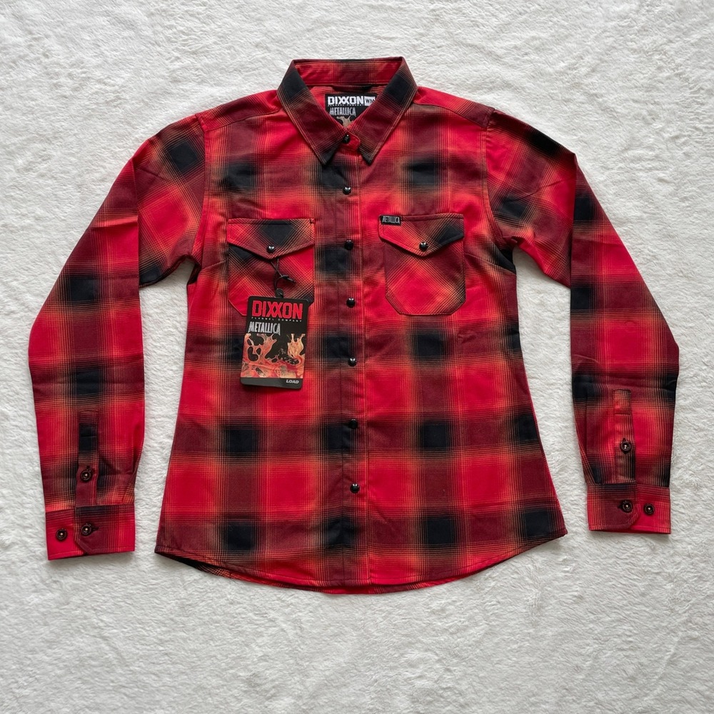 NWT Dixxon Flannel Metallica Load Red Black Plaid Snap Button Shirt Medium